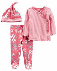 CARTER'S Set 3dílný polodupačky, tričko dl. rukáv zavinovací, čepice Pink Flower dívka LBB NB/ vel.